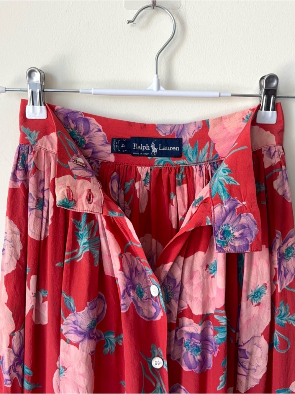 Ralph Lauren Red Floral Midi Skirt with Button Front